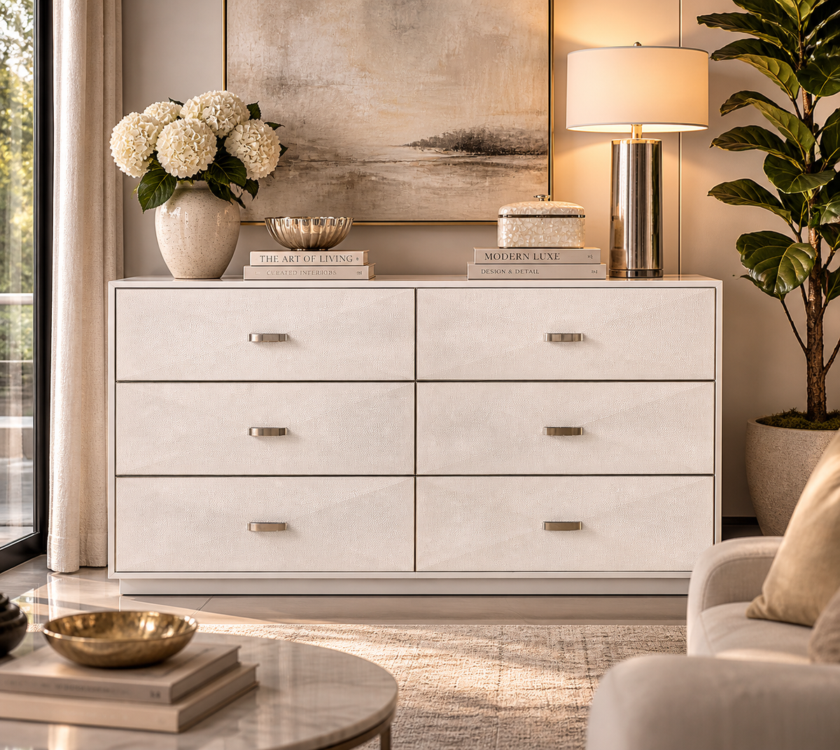 Pearl Shagreen & Stainless Steel 6-Drawer Dresser - Dresser Drawer Detail | Bone & Brass