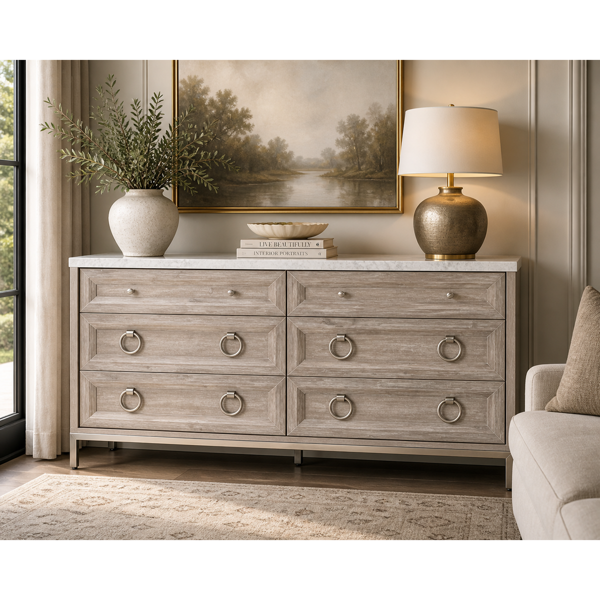 Azure Natural Gray Dresser, White Marble Top - Dresser Drawer Detail | Bone & Brass