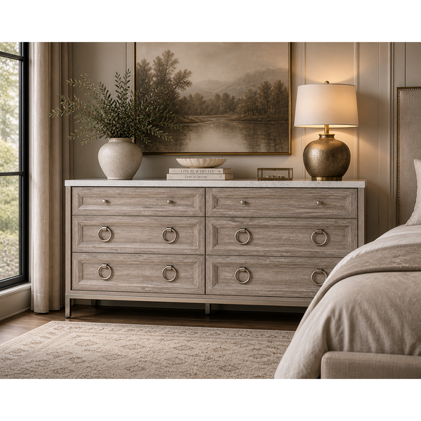 Azure Natural Gray Dresser, White Marble Top - Dresser Side View | Bone & Brass
