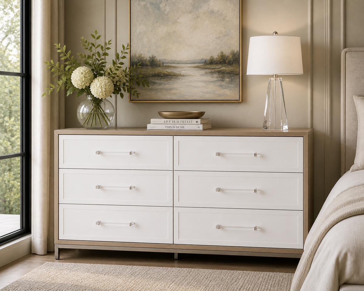 Natural Gray, White & Acrylic Handle 6-Drawer Dresser - Dresser Side View | Bone & Brass