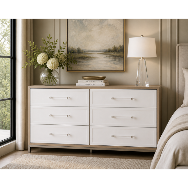 Natural Gray, White & Acrylic Handle 6-Drawer Dresser - Dresser Side View | Bone & Brass