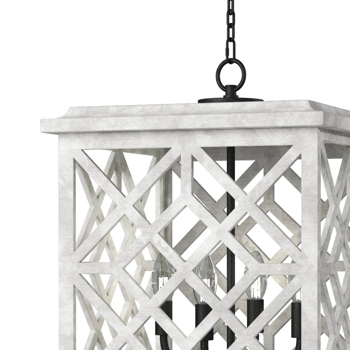White Chatham Wood Lantern with a lattice pattern, blackened iron accents, and four candelabra bulbs.