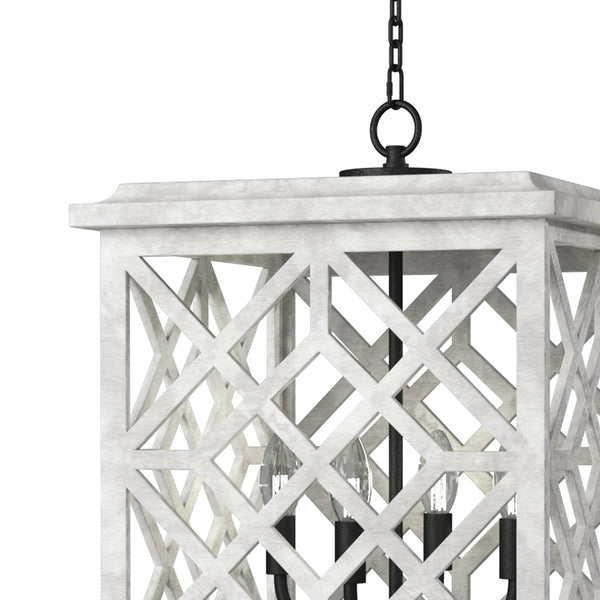 White Chatham Wood Lantern with a lattice pattern, blackened iron accents, and four candelabra bulbs.