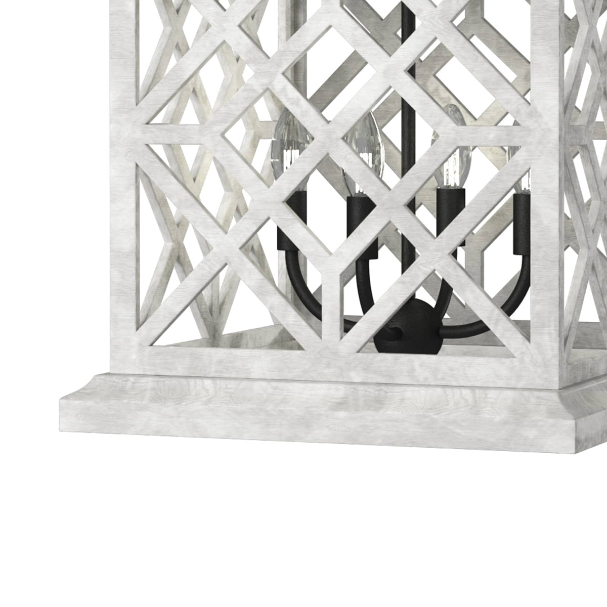 White Chatham Wood Lantern with lattice pattern, blackened iron candelabra, and four bulbs.