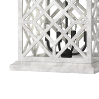 White Chatham Wood Lantern with lattice pattern, blackened iron candelabra, and four bulbs.
