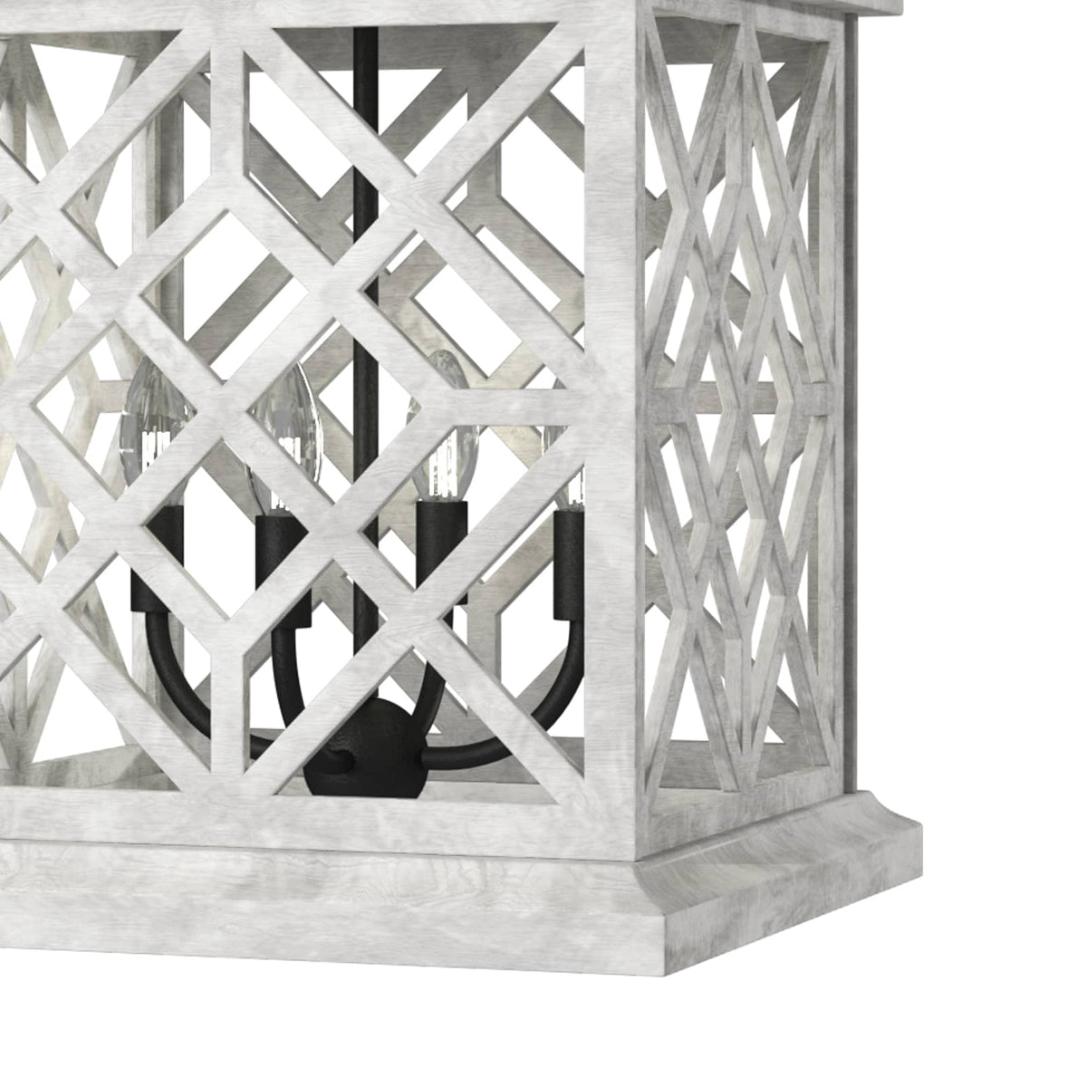 White Chatham Wood Lantern with a lattice pattern and black iron candelabra lights.