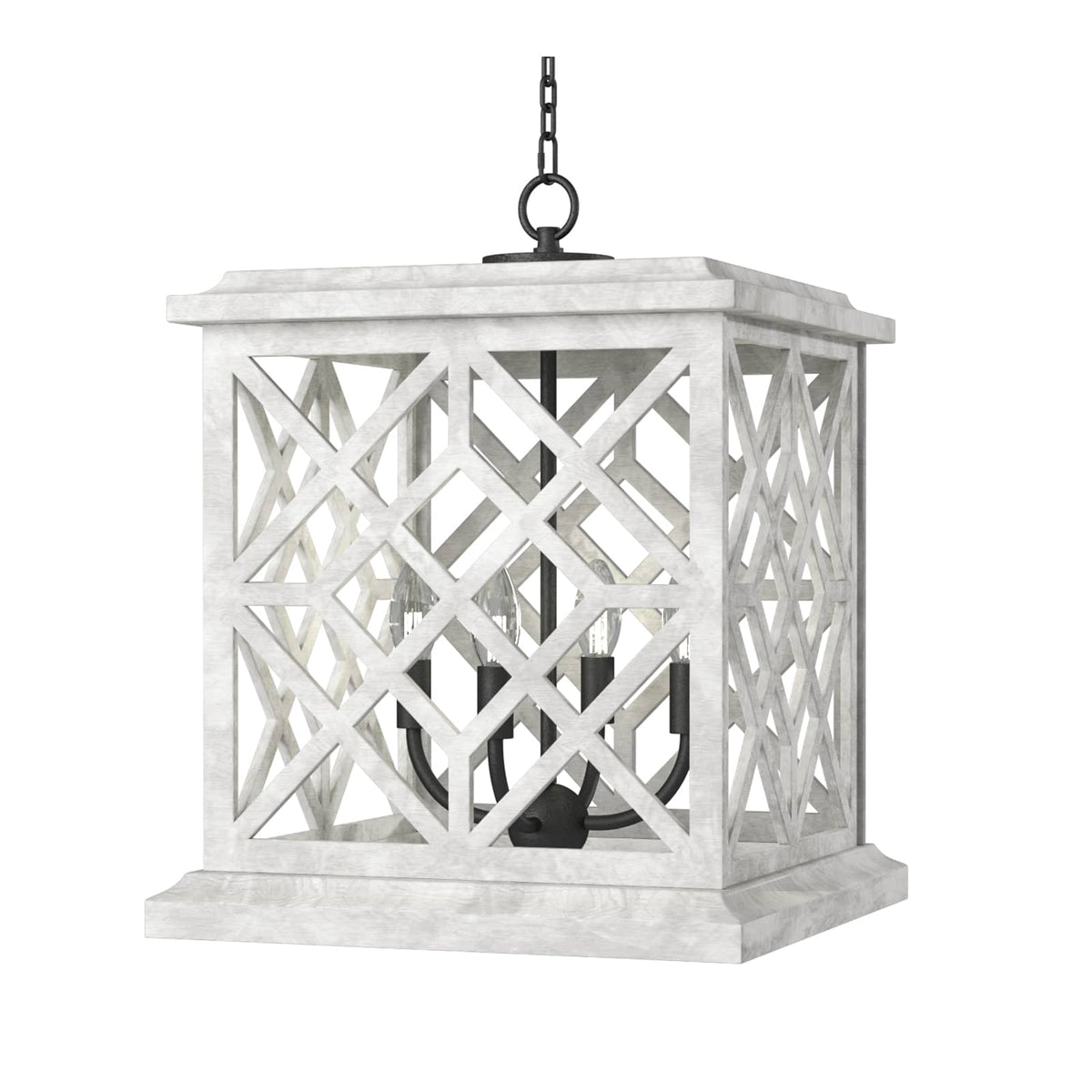 White Chatham Wood Lantern with a lattice pattern, black iron accents, and four candelabra bulbs.