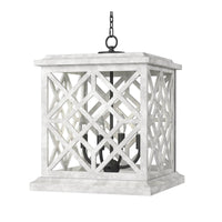 White Chatham Wood Lantern with a lattice pattern, black iron accents, and four candelabra bulbs.