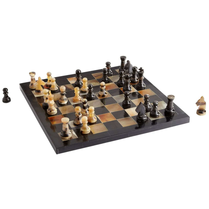 Checkmate Horn Chess Board with black and tan horn and resin pieces on a classic checkerboard.