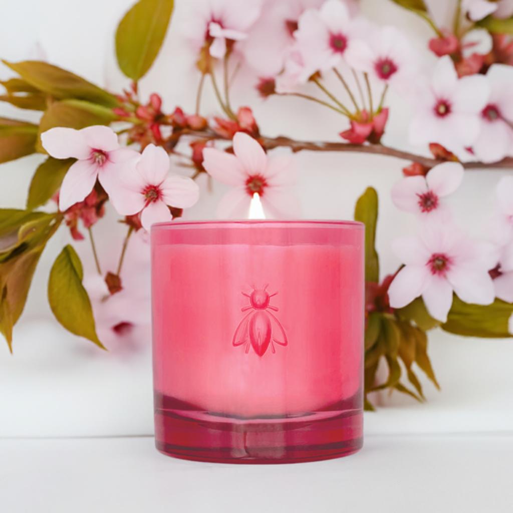 Cherry Blossom Bee Candle - Candle Lit View | Bone & Brass