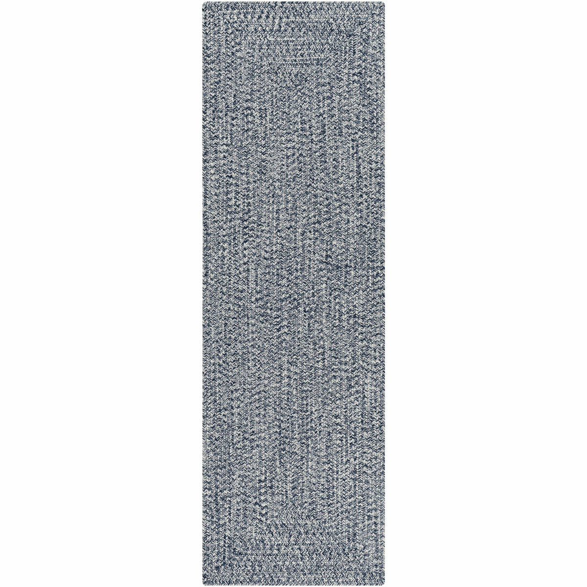Chesapeake Bay denim blue and cream braided polypropylene outdoor runner rug with no pile.
