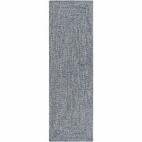 Chesapeake Bay denim blue and cream braided polypropylene outdoor runner rug with no pile.