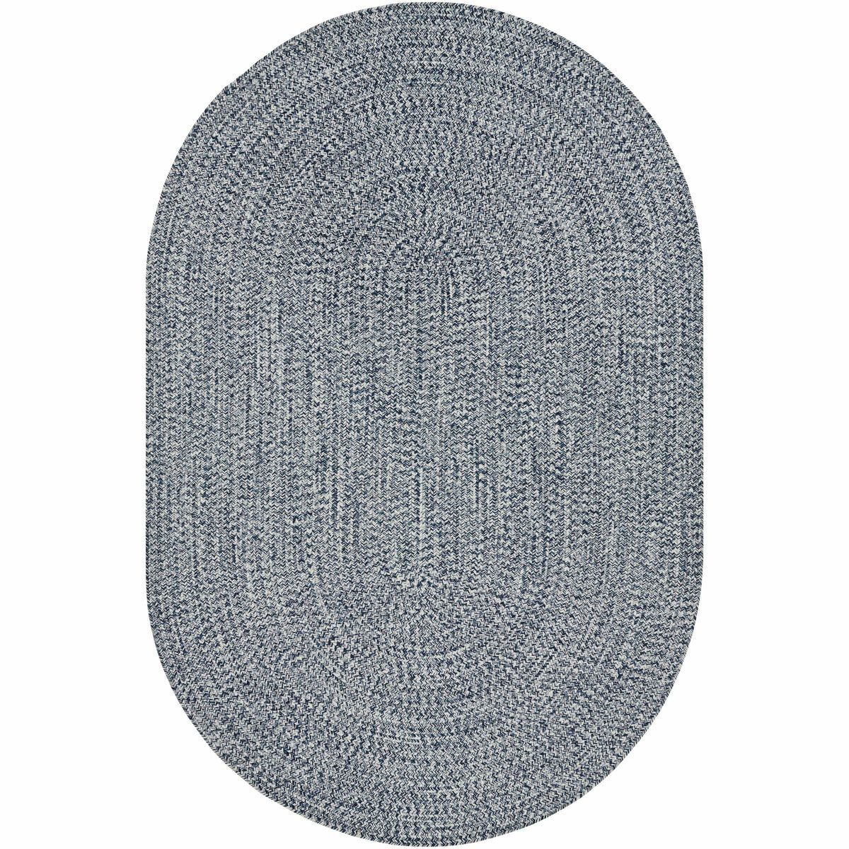Oval Chesapeake Bay blue and cream braided polypropylene outdoor rug.