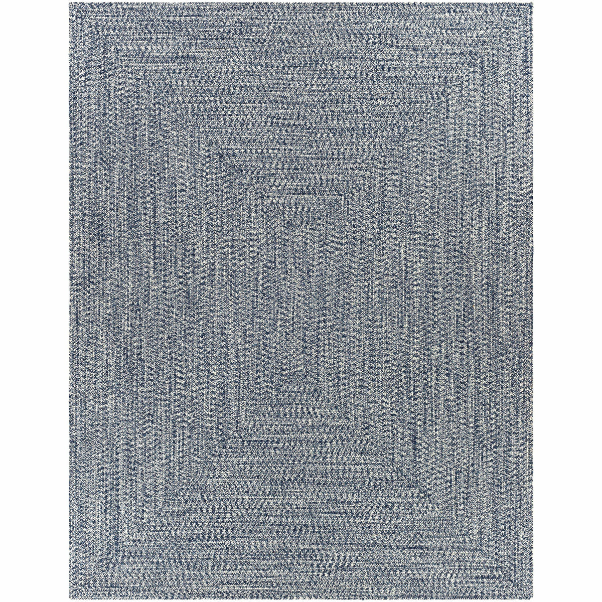 Chesapeake Bay denim blue and cream braided polypropylene outdoor rug with no pile.