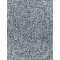 Chesapeake Bay denim blue and cream braided polypropylene outdoor rug with no pile.