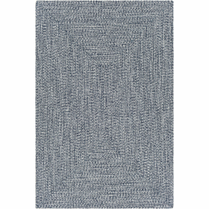 Chesapeake Bay blue and cream outdoor rug with a braided, no-pile texture, made from durable polypropylene.