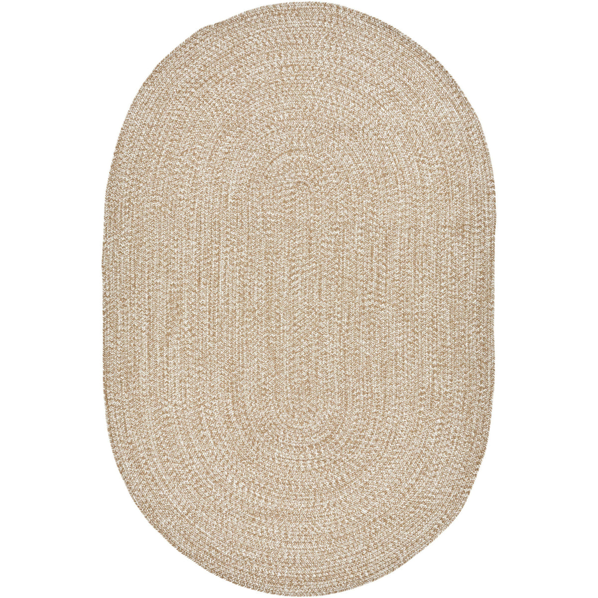 Oval Chesapeake Bay outdoor rug in camel and cream braided polypropylene.