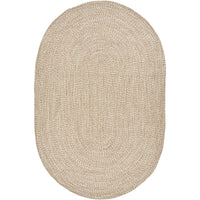 Oval Chesapeake Bay outdoor rug in camel and cream braided polypropylene.