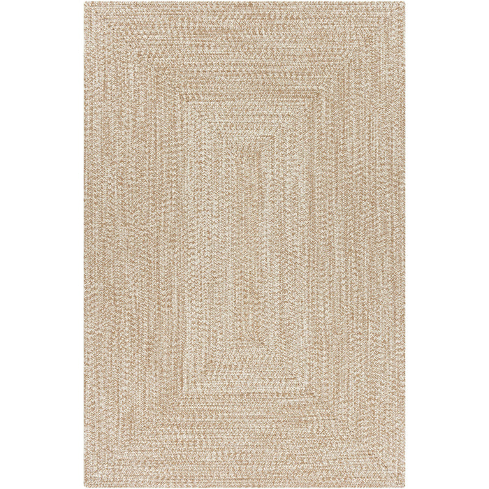 Chesapeake Bay Camel & Cream Outdoor Rug, machine-woven polypropylene with braided texture.