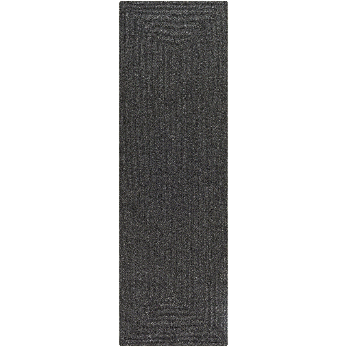 Charcoal gray braided polypropylene outdoor rug with a durable, no-pile texture.