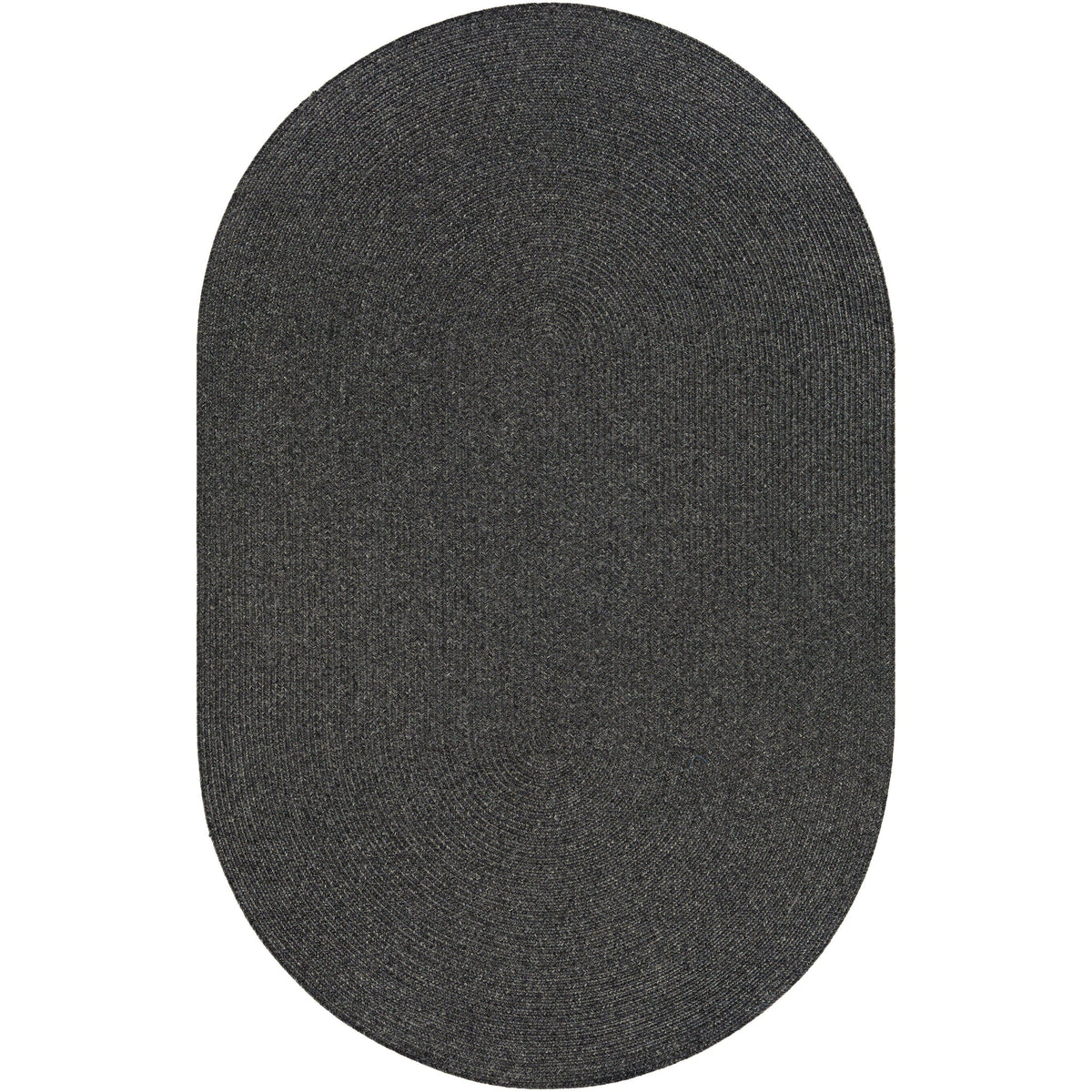 Chesapeake Bay Charcoal Outdoor Rug, an oval, braided polypropylene rug with a no-pile texture.