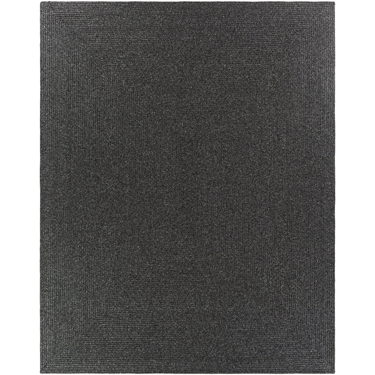 Charcoal gray braided polypropylene outdoor rug with a subtle textured border.