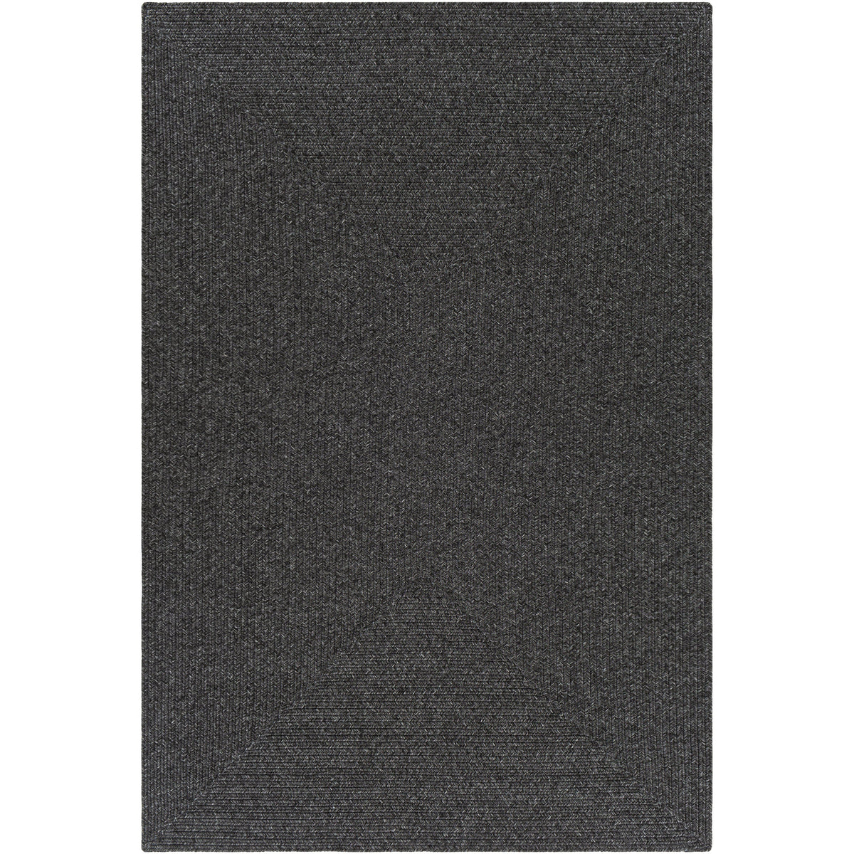 Charcoal gray braided polypropylene outdoor rug with no pile, perfect for coastal-inspired decor.