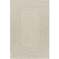 Cream braided polypropylene outdoor rug with a rectangular design.