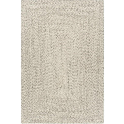 Cream braided polypropylene outdoor rug with a rectangular design.