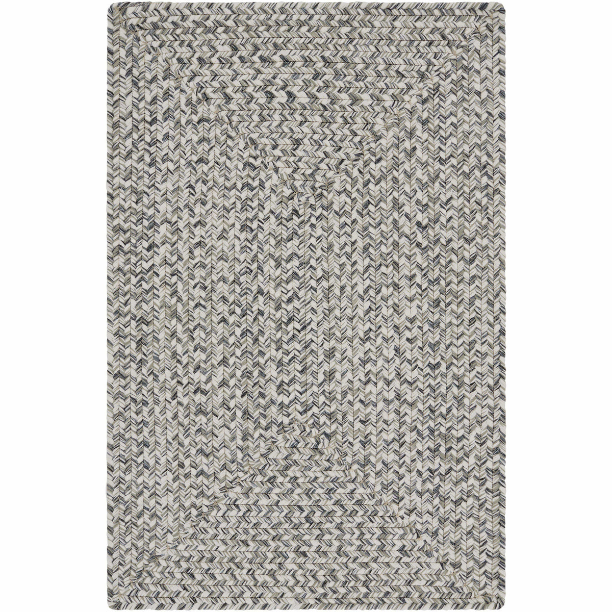 Chesapeake Bay Gray outdoor rug, braided polypropylene, charcoal, cream, and black weave.