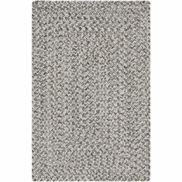 Chesapeake Bay Gray outdoor rug, braided polypropylene, charcoal, cream, and black weave.