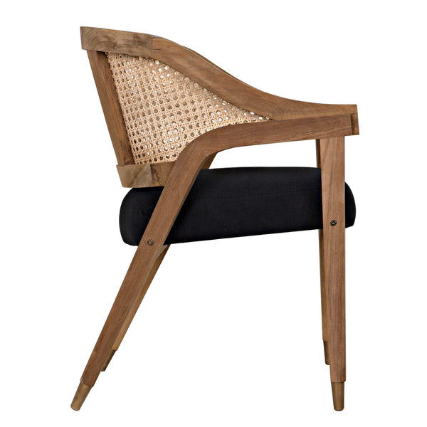Chloe Teak Caning Chair with black cotton seat, hand-carved natural wood frame, and woven back.