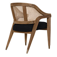 Chloe Teak Caning Chair with black cotton seat and hand-carved natural teak frame.