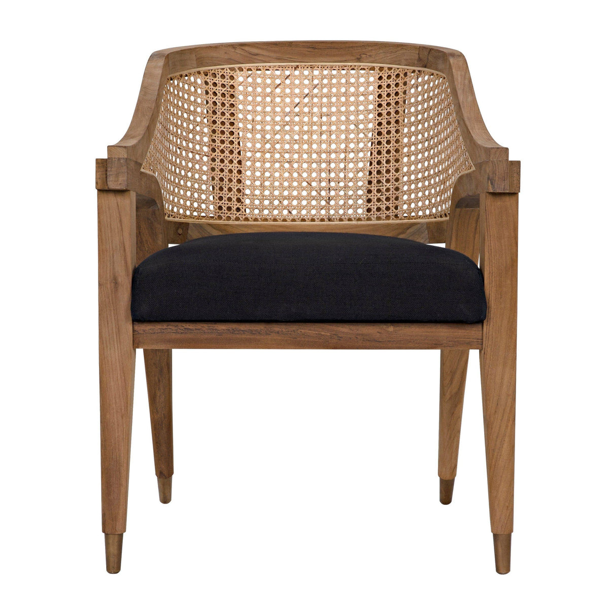 Chloe Teak Caning Chair with black cotton seat, hand-carved natural wood frame.