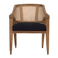 Chloe Teak Caning Chair with black cotton seat, hand-carved natural wood frame.