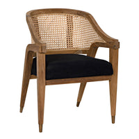 Chloe Teak Caning Chair with black cotton seat, hand-carved natural wood frame, and woven back.