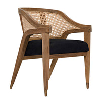 Chloe Teak Caning Chair with black cotton seat and hand-carved elegant lines.