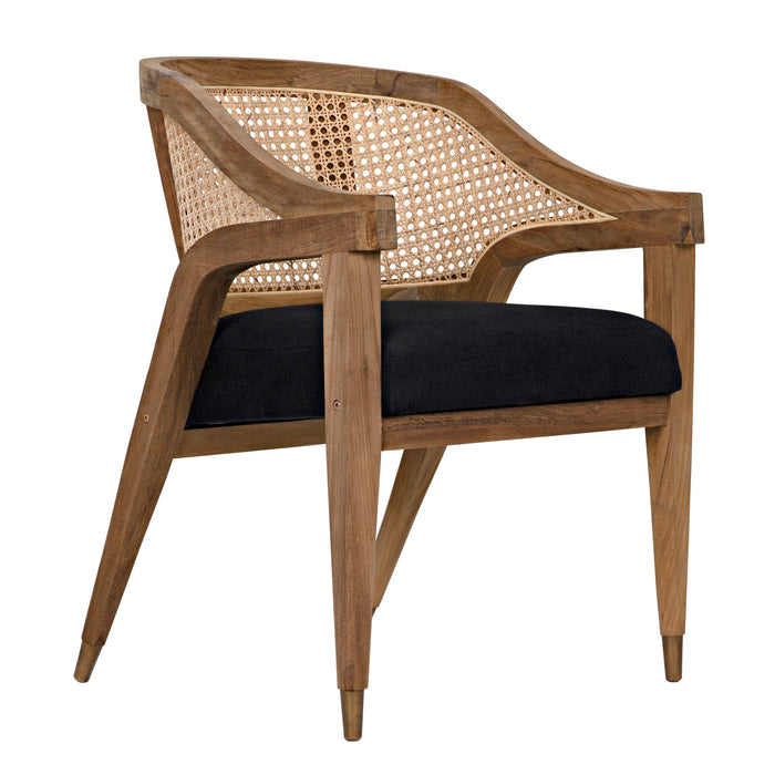 Chloe Teak Caning Chair with black cotton seat and hand-carved elegant lines.
