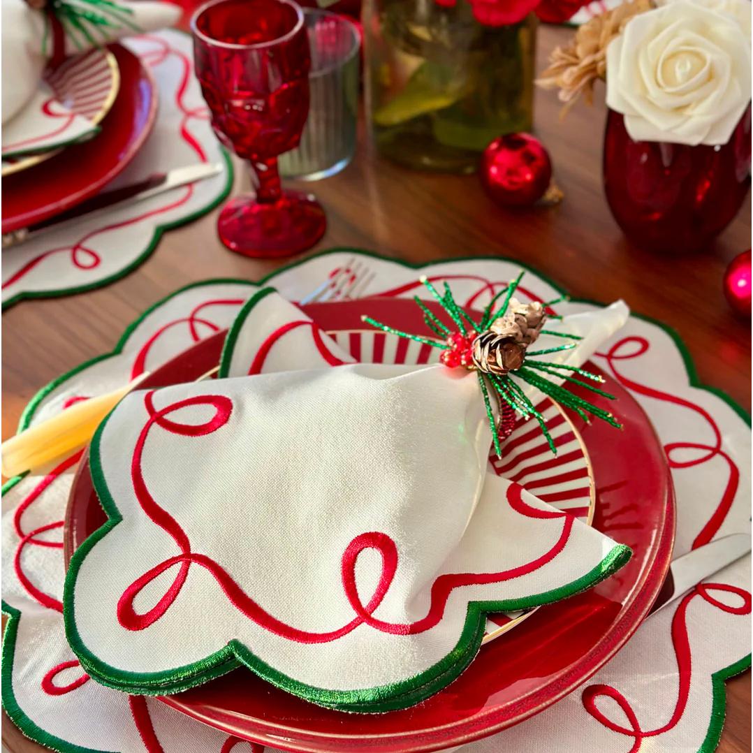 Christmas Ribbon Twirl Embroidered Napkins, Set 4 - Napkin Detail | Bone & Brass