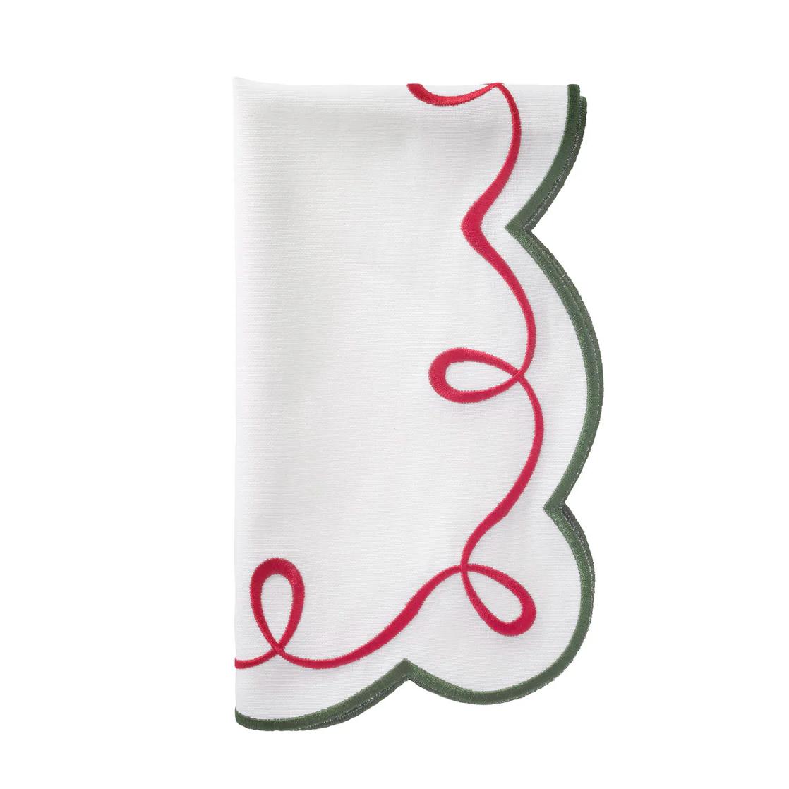Christmas Ribbon Twirl Embroidered Napkins, Set 4 | Bone & Brass