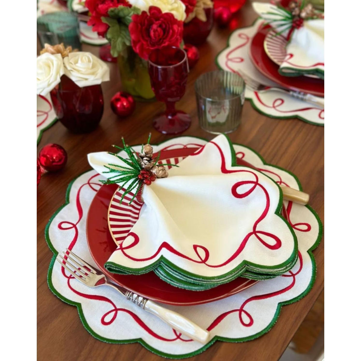 Christmas Ribbon Twirl Embroidered Placemats, Set 4 - Placemat Detail | Bone & Brass