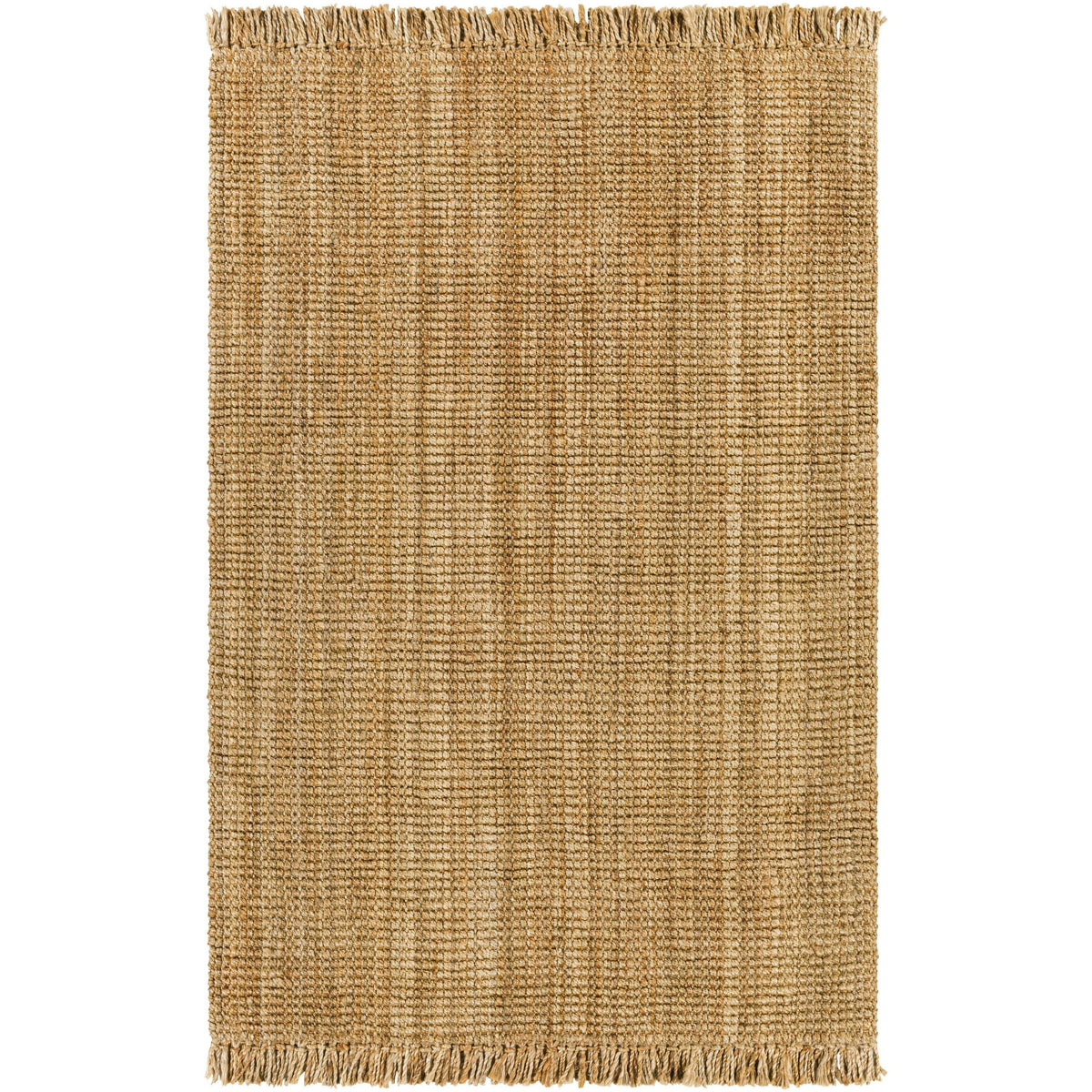 Light brown, hand-woven chunky jute rug with a natural texture and fringed edges.