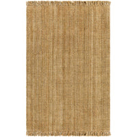 Light brown, hand-woven chunky jute rug with a natural texture and fringed edges.