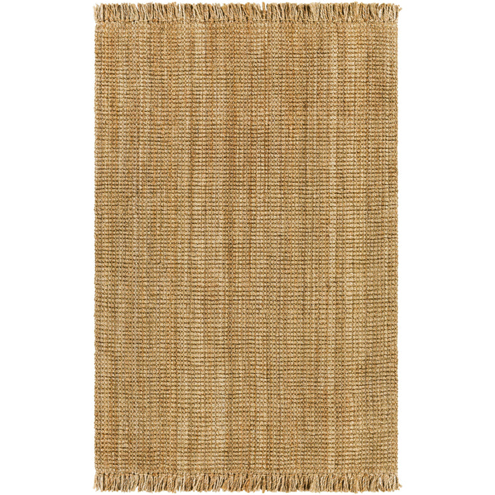 Light brown, hand-woven chunky jute rug with a natural texture and fringed edges.