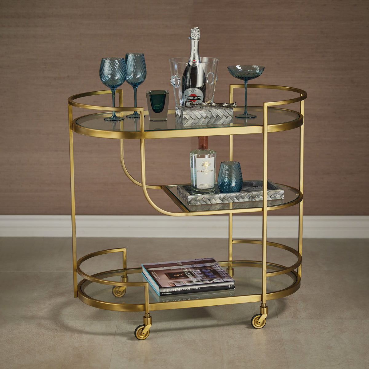 Claridge 3-Tier Gold Bar Cart - Bar Cart Detail | Bone & Brass