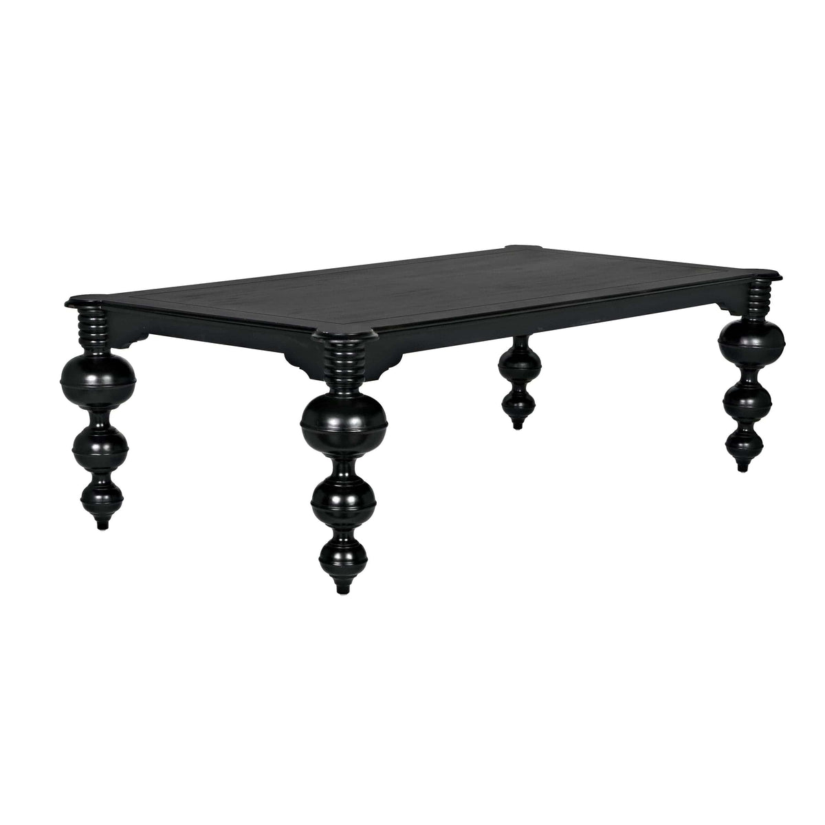 Claudio Rectangle Dining Table: Black mahogany table with turned legs and rounded corners.