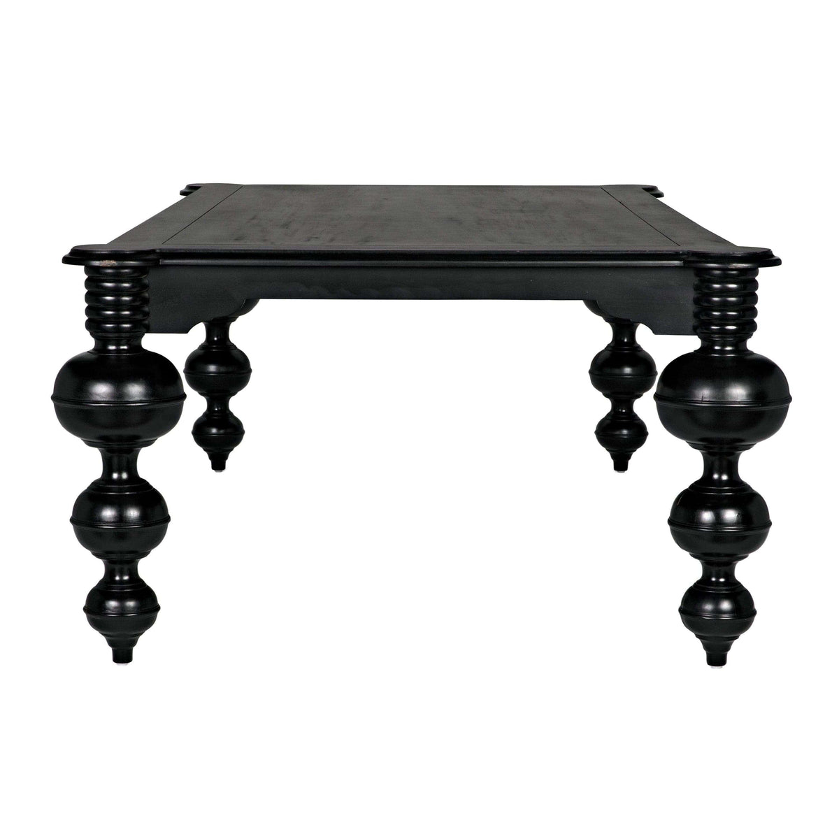 Claudio black mahogany rectangle dining table with turned, stacked ball legs and rounded corners.