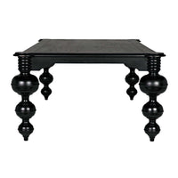 Claudio black mahogany rectangle dining table with turned, stacked ball legs and rounded corners.