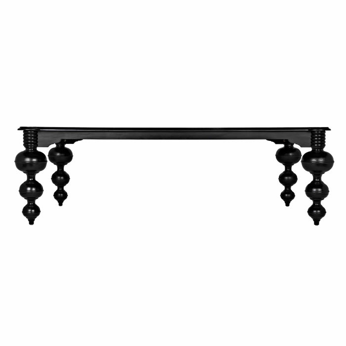 Claudio Rectangle Dining Table: Black mahogany, hand-carved with turned legs and rounded corners.