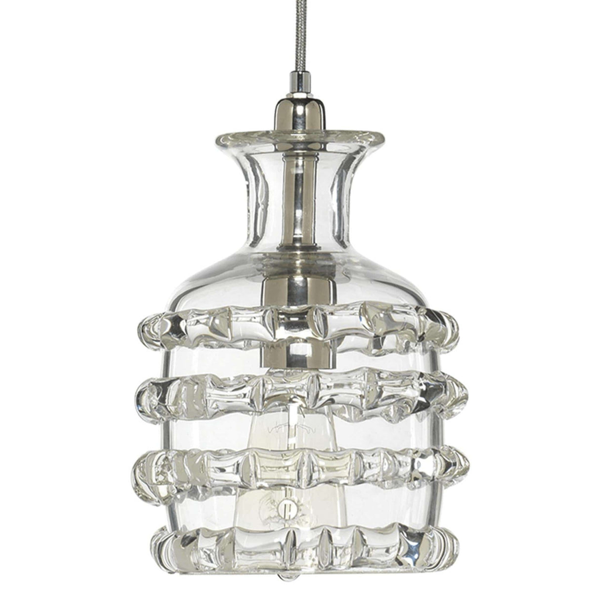 Clear glass round ribbon pendant light with nickel hardware and thick hand-blown glass design.